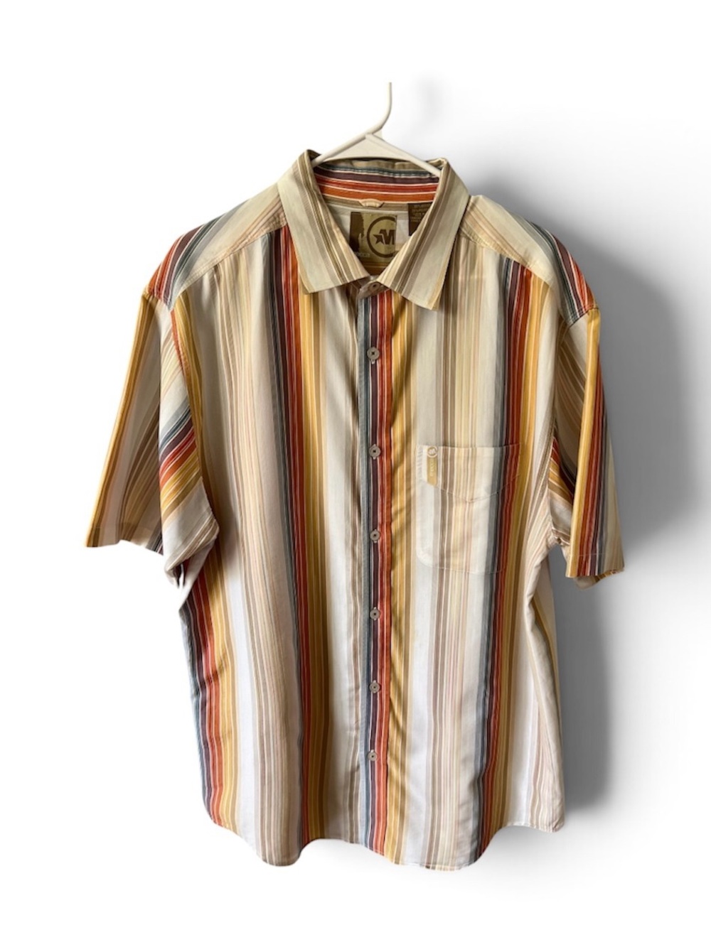 Mecca Lg.Men’s Short-Sleeve Vertical Stripe Button-Down Shirt Retro Vibe- Flawed
